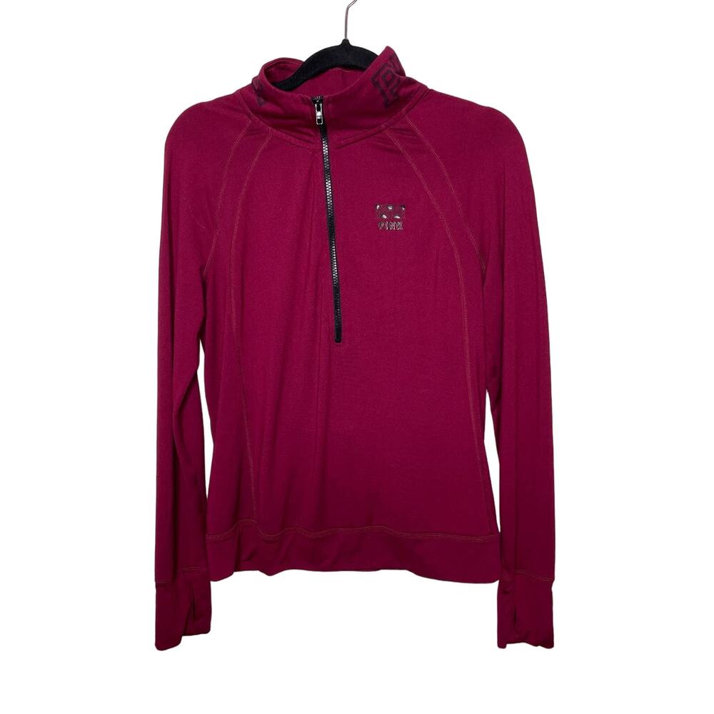 Pink Victoria’s Secret Ultimate Sweater Logo 1/2 Zip Mock Neck‎ Athletic Pink M
